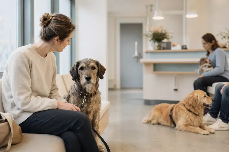 Ein ruhiger Barb Hund sitzt neben seinem Besitzer in einem hellen Wartezimmer einer modernen Tierarztpraxis.
